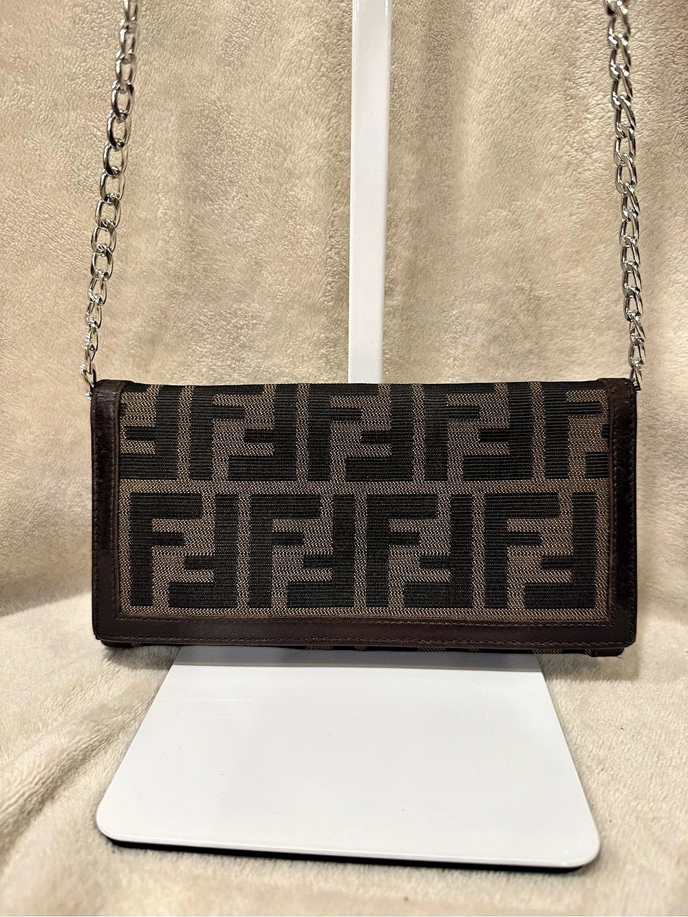 Fendi Zucca Continental Canvas/Leather Chain Wallet Brown